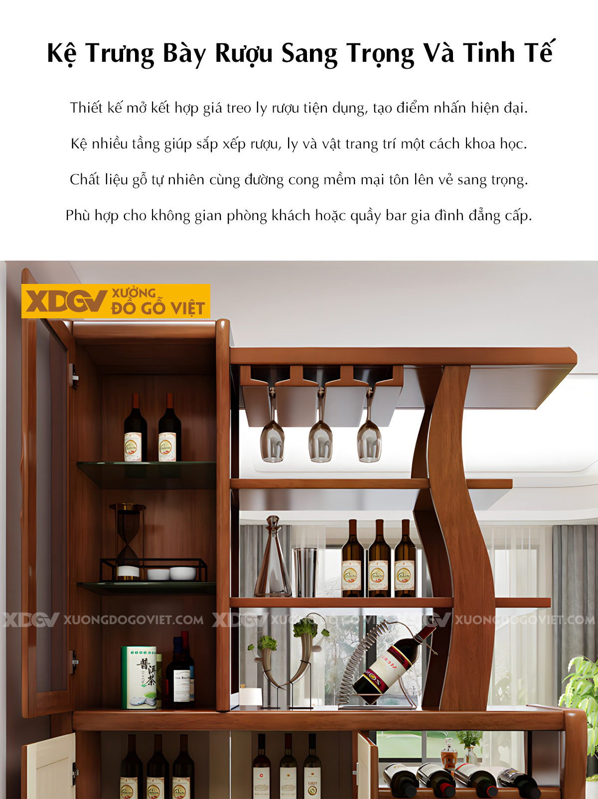 Mẫu Tủ Rượu Gỗ Cao Su Cánh Kính Phối Kệ Rượu Vang Tiện Nghi