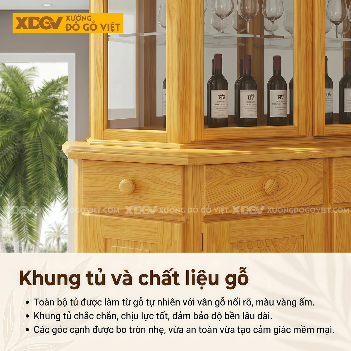 Mẫu Tủ Rượu Gỗ Gõ Đỏ Gấp Cạnh Kèm Cánh Phối Kính Độc Đáo