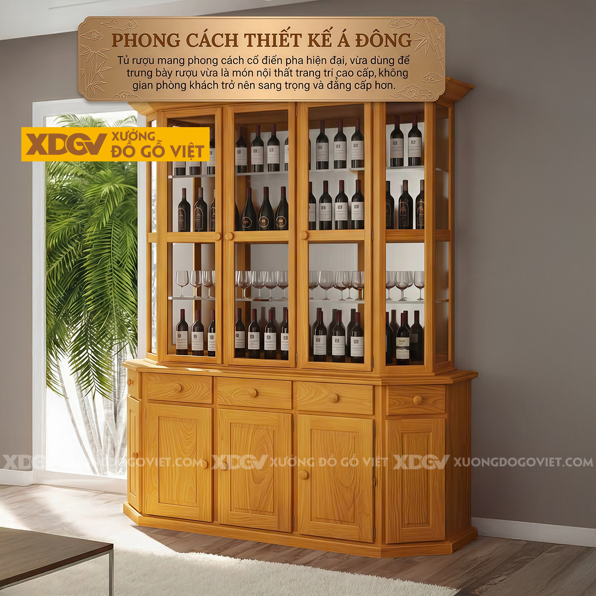 Mẫu Tủ Rượu Gỗ Gõ Đỏ Gấp Cạnh Kèm Cánh Phối Kính Độc Đáo