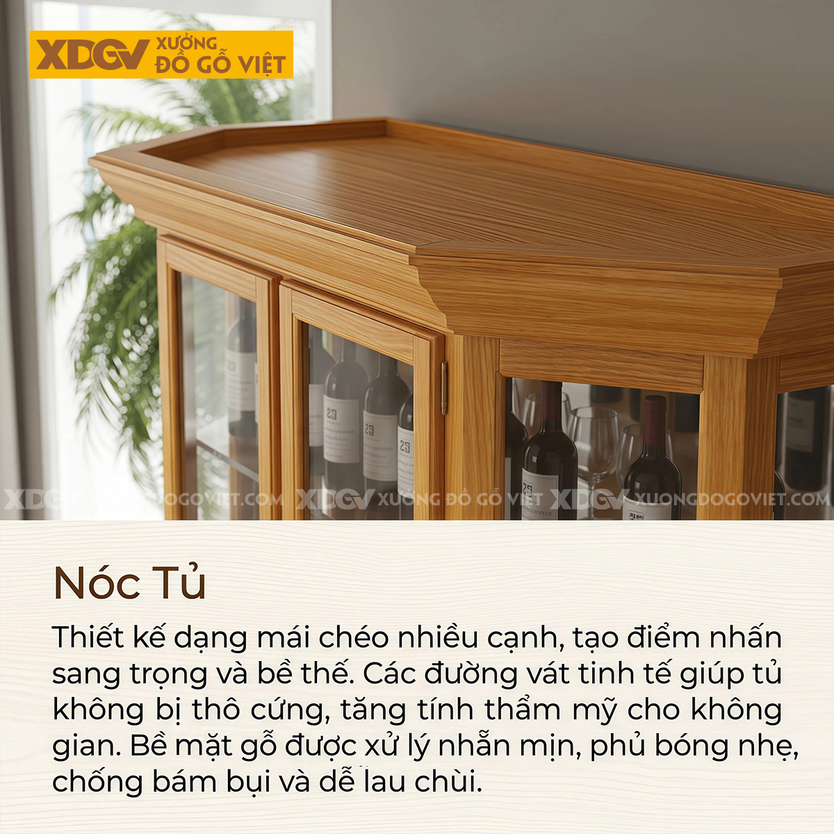 Mẫu Tủ Rượu Gỗ Gõ Đỏ Gấp Cạnh Kèm Cánh Phối Kính Độc Đáo