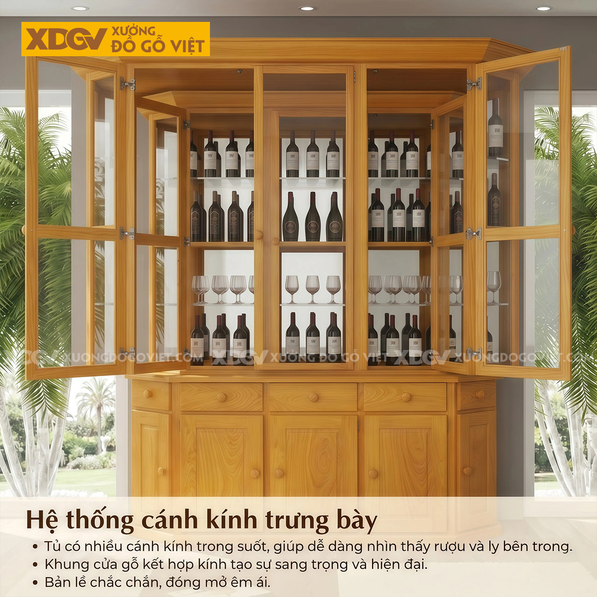 Mẫu Tủ Rượu Gỗ Gõ Đỏ Gấp Cạnh Kèm Cánh Phối Kính Độc Đáo