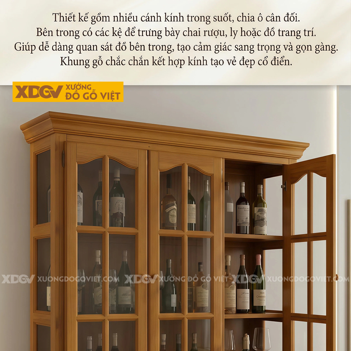 Mẫu Tủ Rượu Gỗ Gõ Đỏ Tân Cổ Điển Chân Bệ Cánh Kính Chia Ô