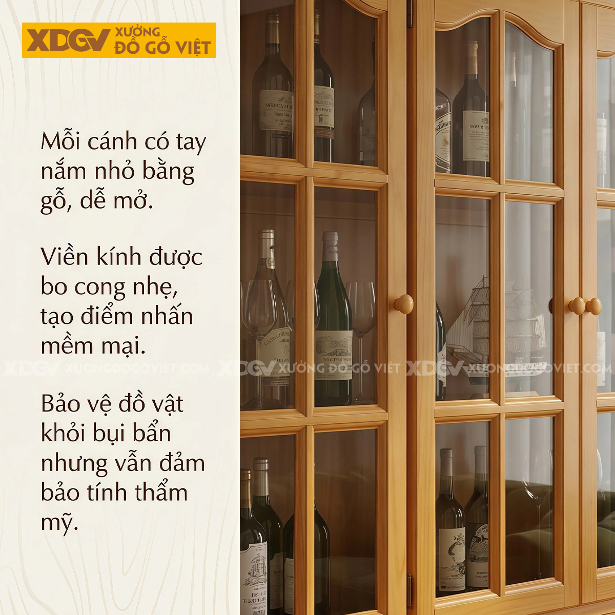 Mẫu Tủ Rượu Gỗ Gõ Đỏ Tân Cổ Điển Chân Bệ Cánh Kính Chia Ô