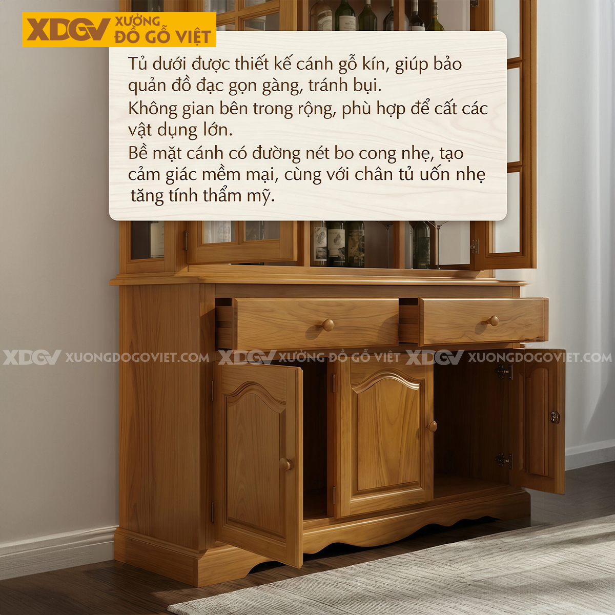 Mẫu Tủ Rượu Gỗ Gõ Đỏ Tân Cổ Điển Chân Bệ Cánh Kính Chia Ô