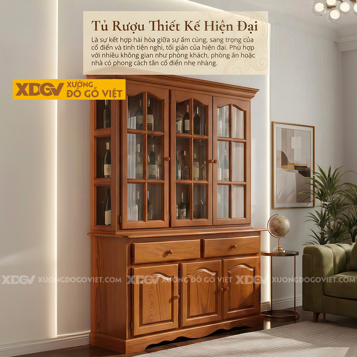 Mẫu Tủ Rượu Gỗ Gõ Đỏ Tân Cổ Điển Chân Bệ Cánh Kính Chia Ô