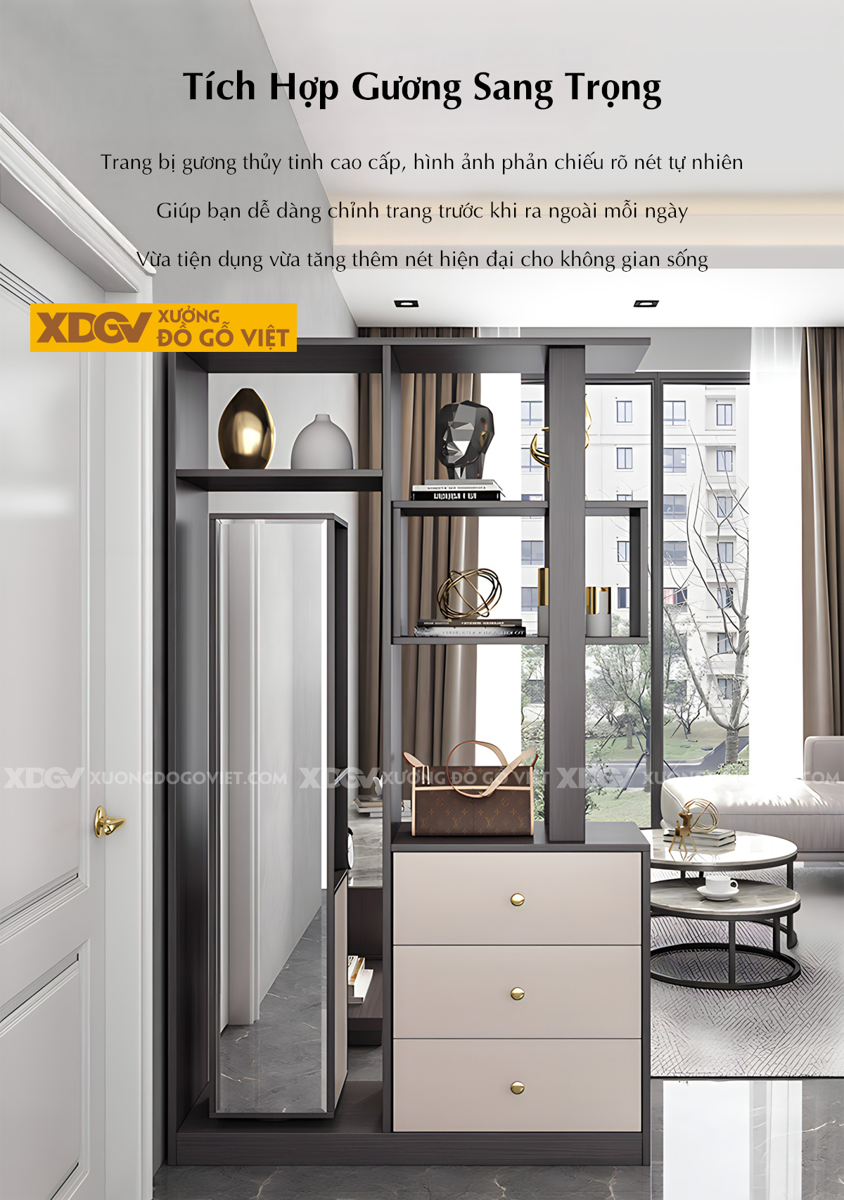 Mẫu Tủ Rượu MDF Đa Năng Kết Hợp Kệ Trang Trí Gương Soi Lớn