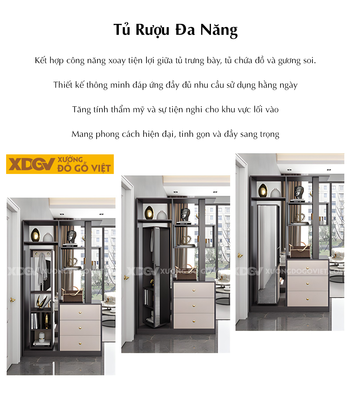 Mẫu Tủ Rượu MDF Đa Năng Kết Hợp Kệ Trang Trí Gương Soi Lớn