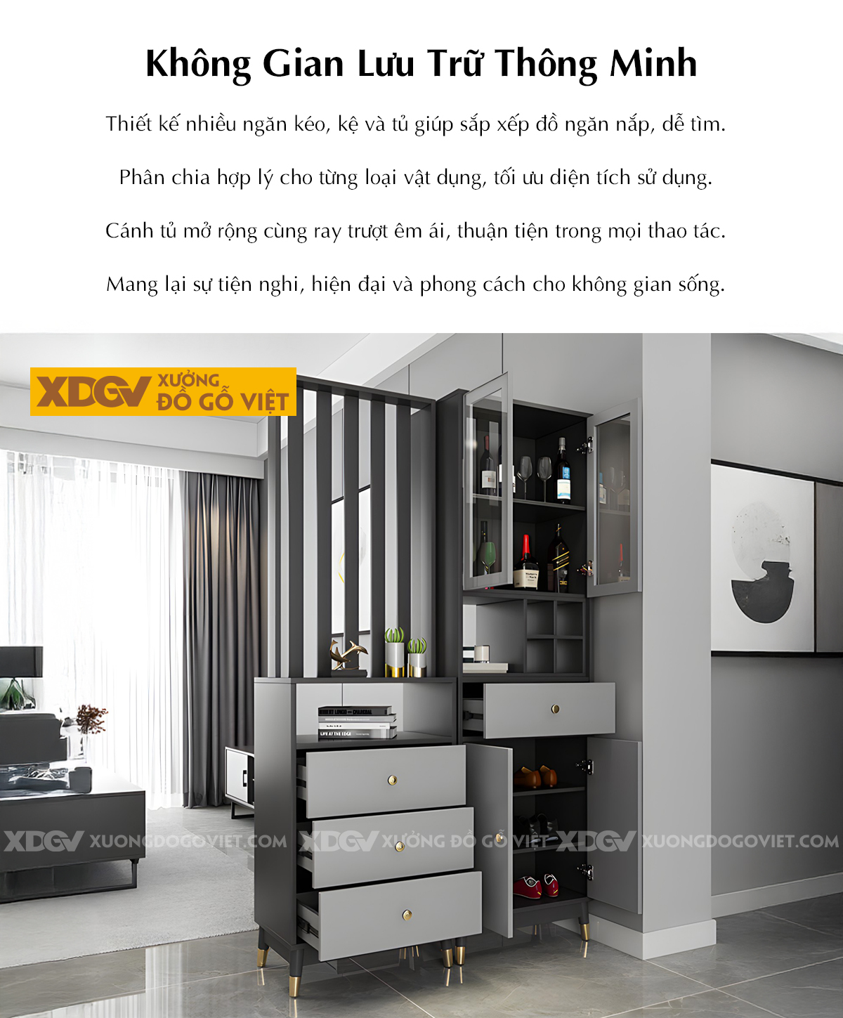 Mẫu Tủ Rượu MDF Phòng Khách Hiện Đại Đa Tầng Kèm Tủ Ngăn Kéo