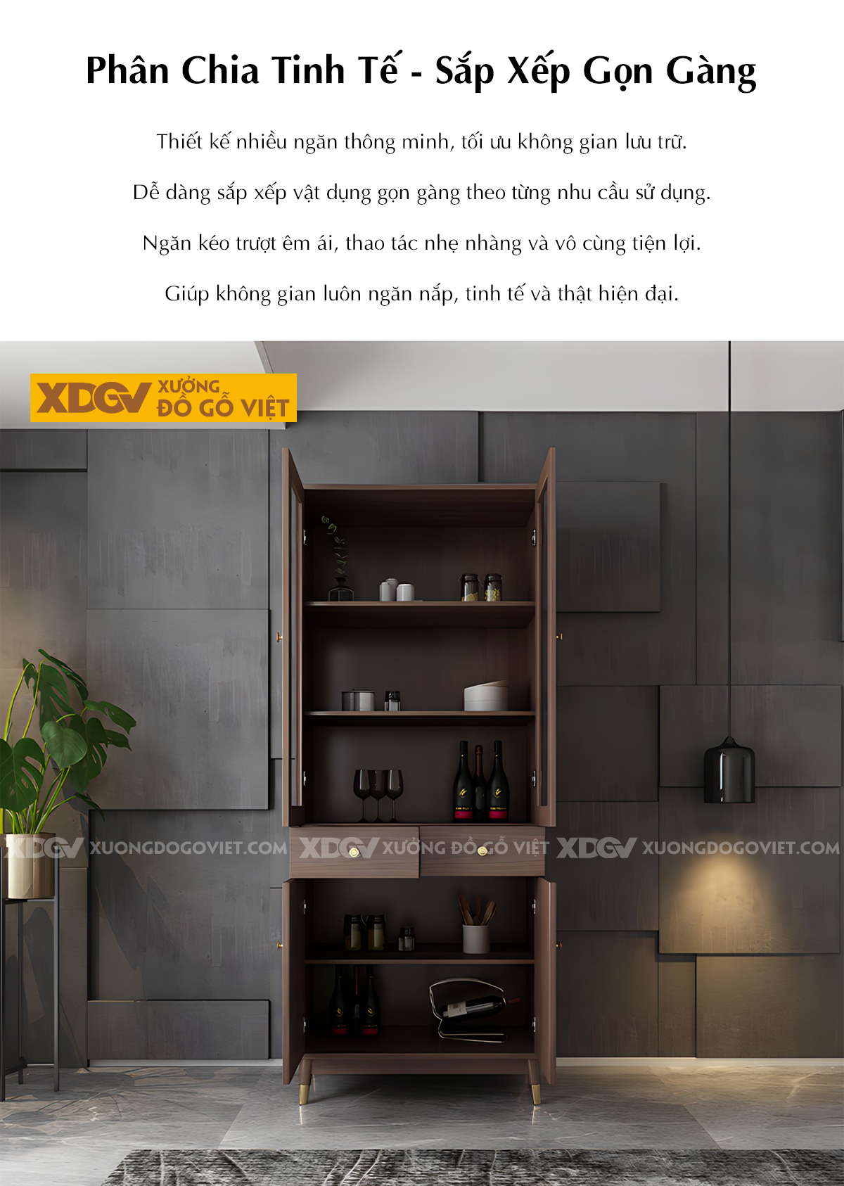 Mẫu Tủ Rượu MDF Phòng Khách Hiện Đại Đa Tầng Kèm Tủ Ngăn Kéo