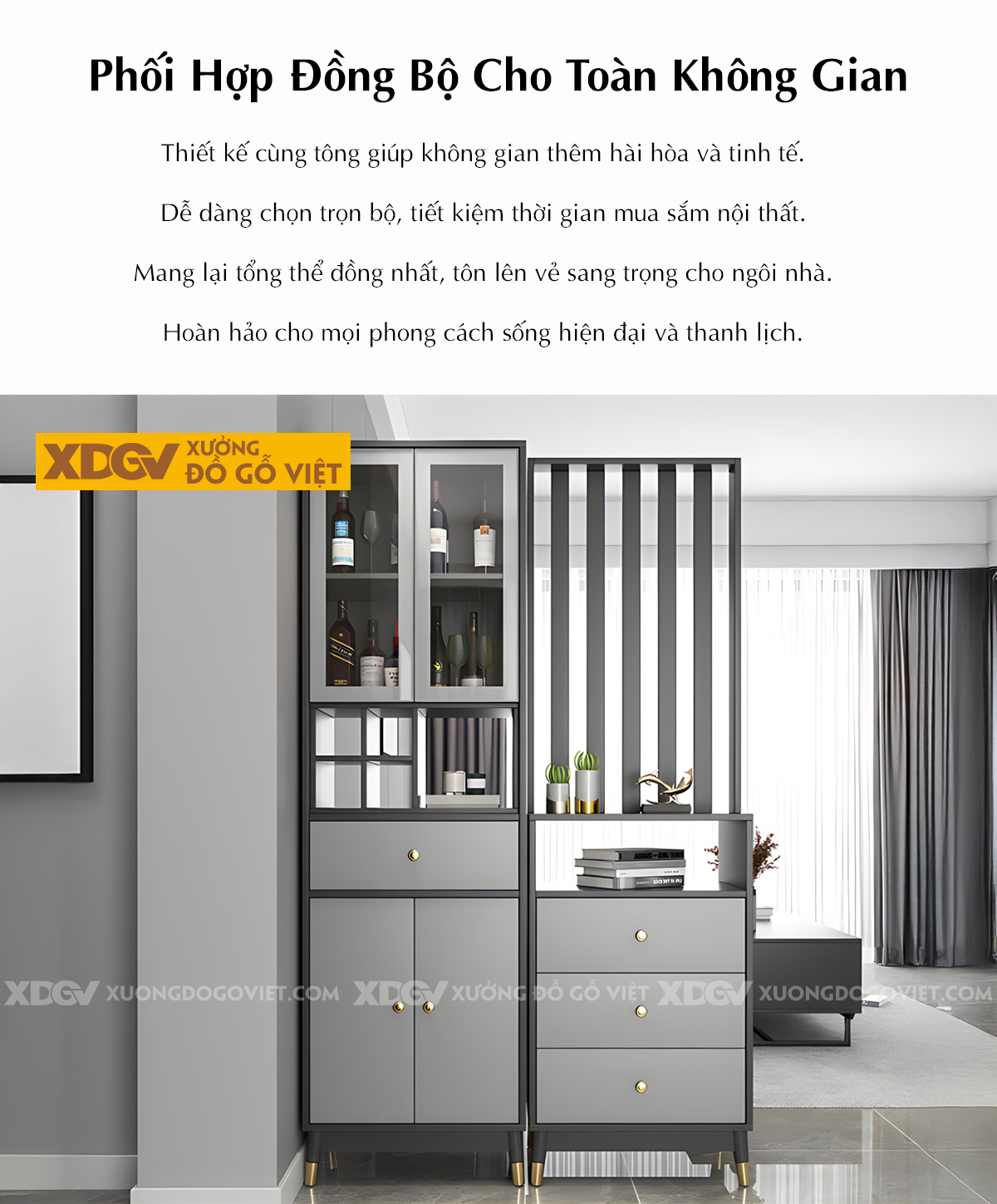 Mẫu Tủ Rượu MDF Phòng Khách Hiện Đại Đa Tầng Kèm Tủ Ngăn Kéo