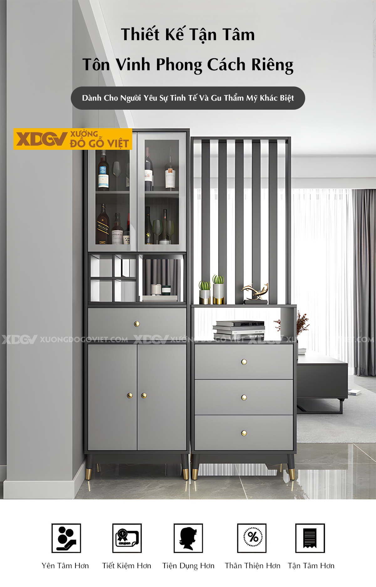 Mẫu Tủ Rượu MDF Phòng Khách Hiện Đại Đa Tầng Kèm Tủ Ngăn Kéo