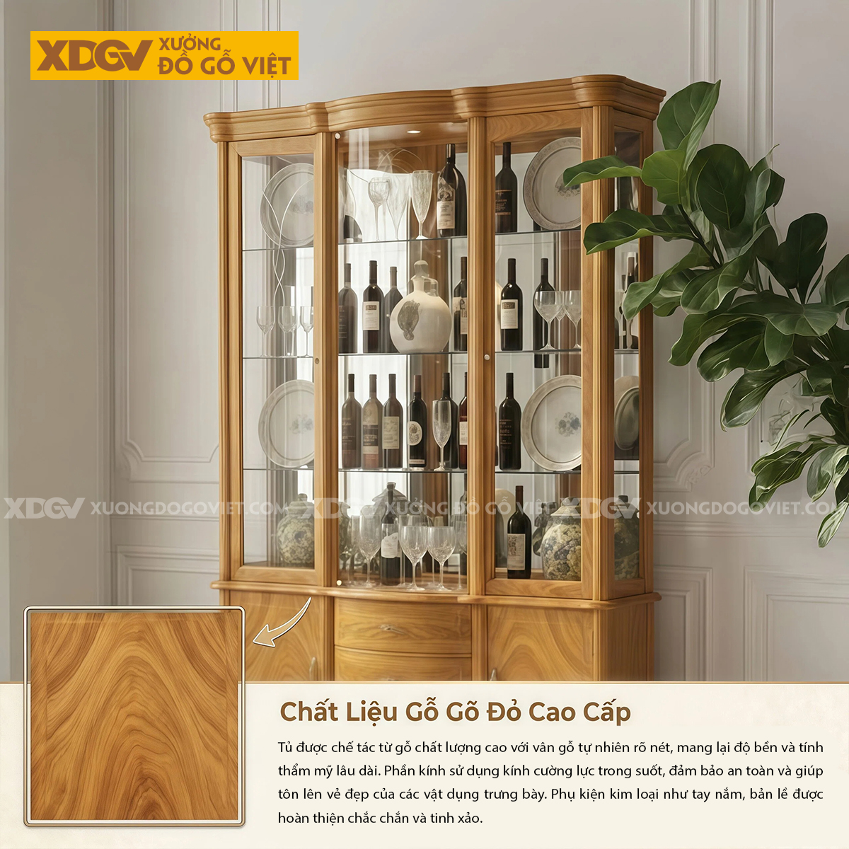 Mẫu Tủ Rượu Sang Trọng Gỗ Gõ Đỏ Thiết Kế Chân Bệt Mặt Cong