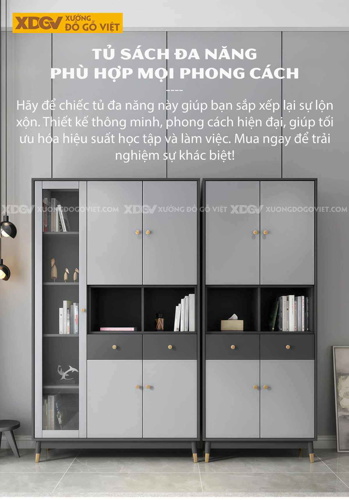 Mẫu Tủ Sách Hiện Đại MDF Thiết Kế Kệ Ẩn Đóng Mở Thông Minh