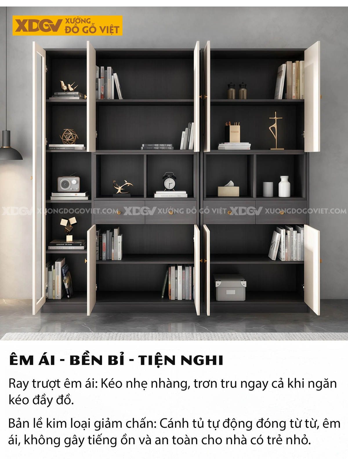 Mẫu Tủ Sách Hiện Đại MDF Thiết Kế Kệ Ẩn Đóng Mở Thông Minh