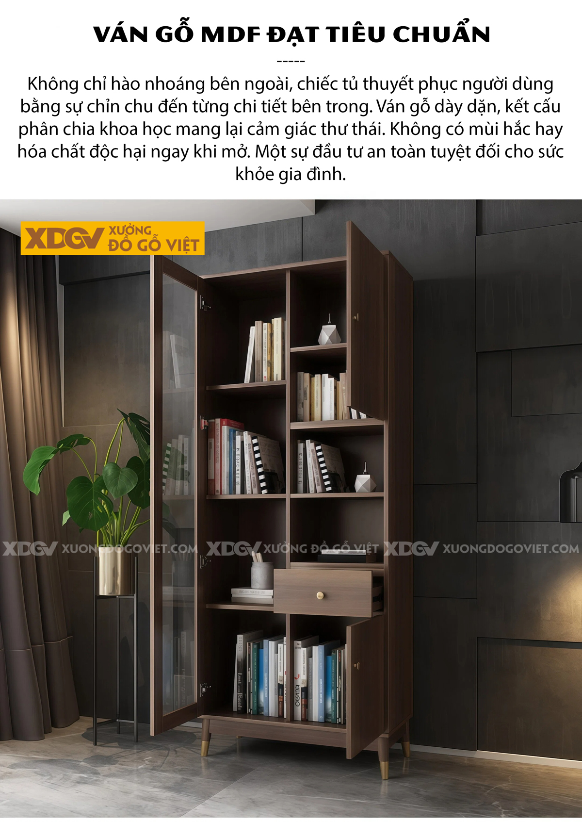 Mẫu Tủ Sách MDF Thiết Kế Cánh Kính Lùa Tiết Kiệm Diện Tích