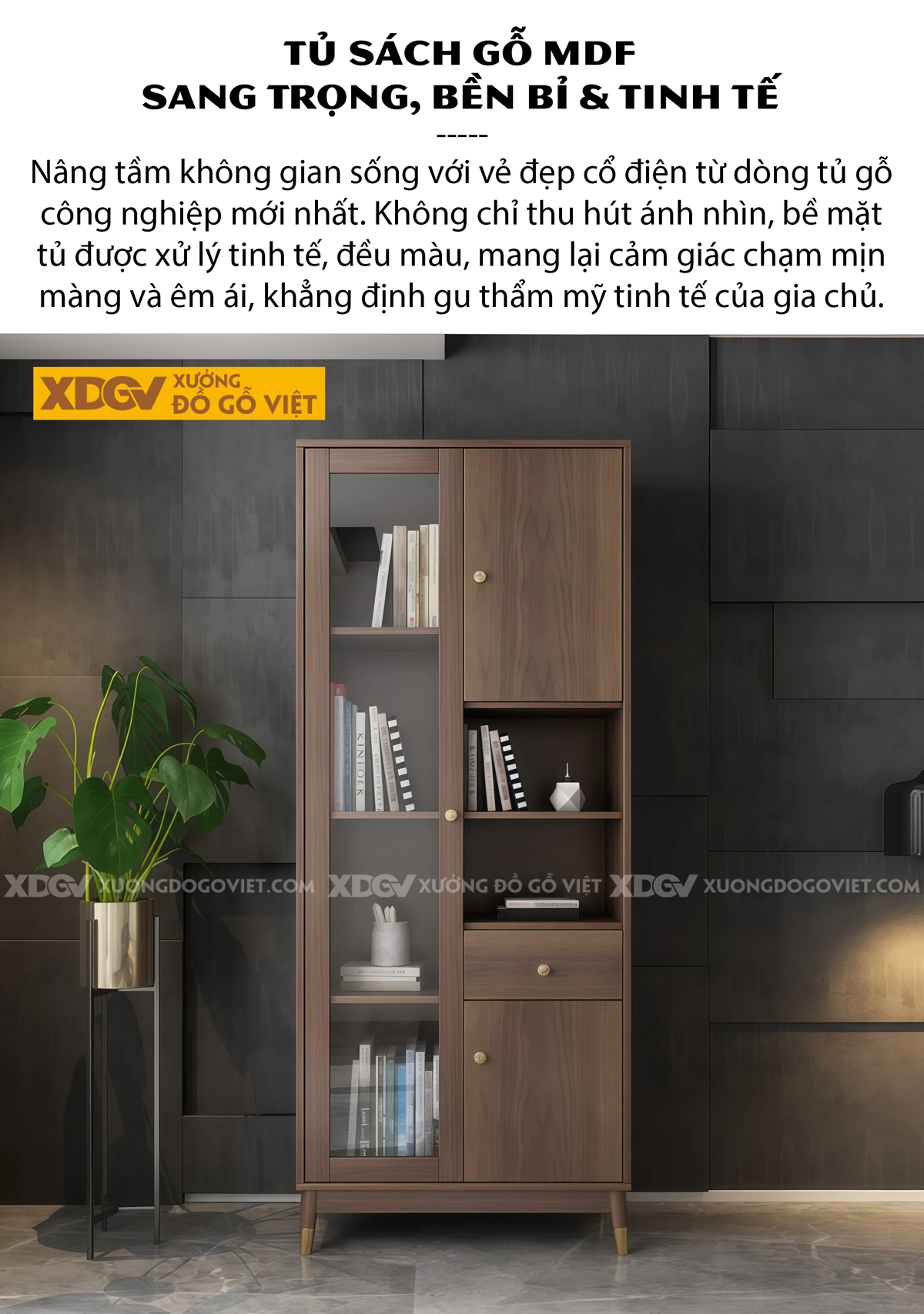 Mẫu Tủ Sách MDF Thiết Kế Cánh Kính Lùa Tiết Kiệm Diện Tích