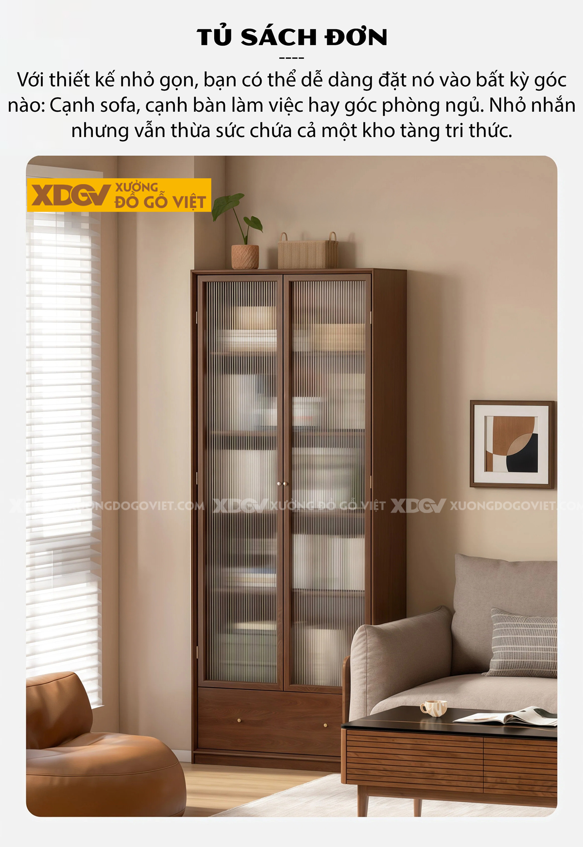 Mẫu Tủ Sách Văn Phòng Gỗ Sồi Kết Hợp Kính Sọc Mờ Sang Trọng