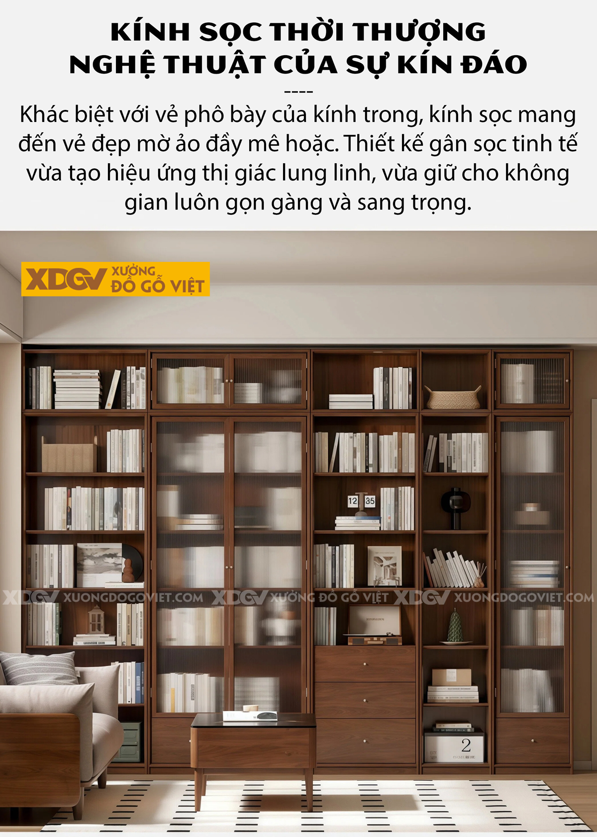 Mẫu Tủ Sách Văn Phòng Gỗ Sồi Kết Hợp Kính Sọc Mờ Sang Trọng