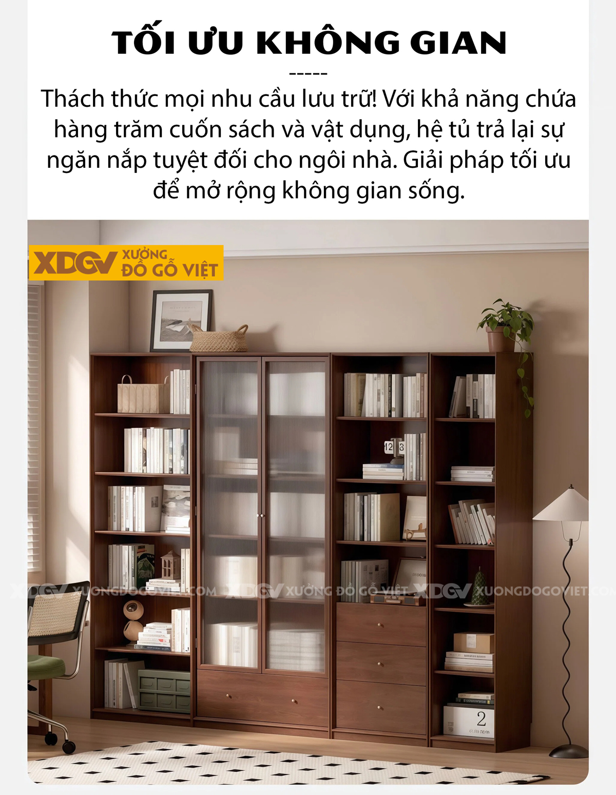 Mẫu Tủ Sách Văn Phòng Gỗ Sồi Kết Hợp Kính Sọc Mờ Sang Trọng