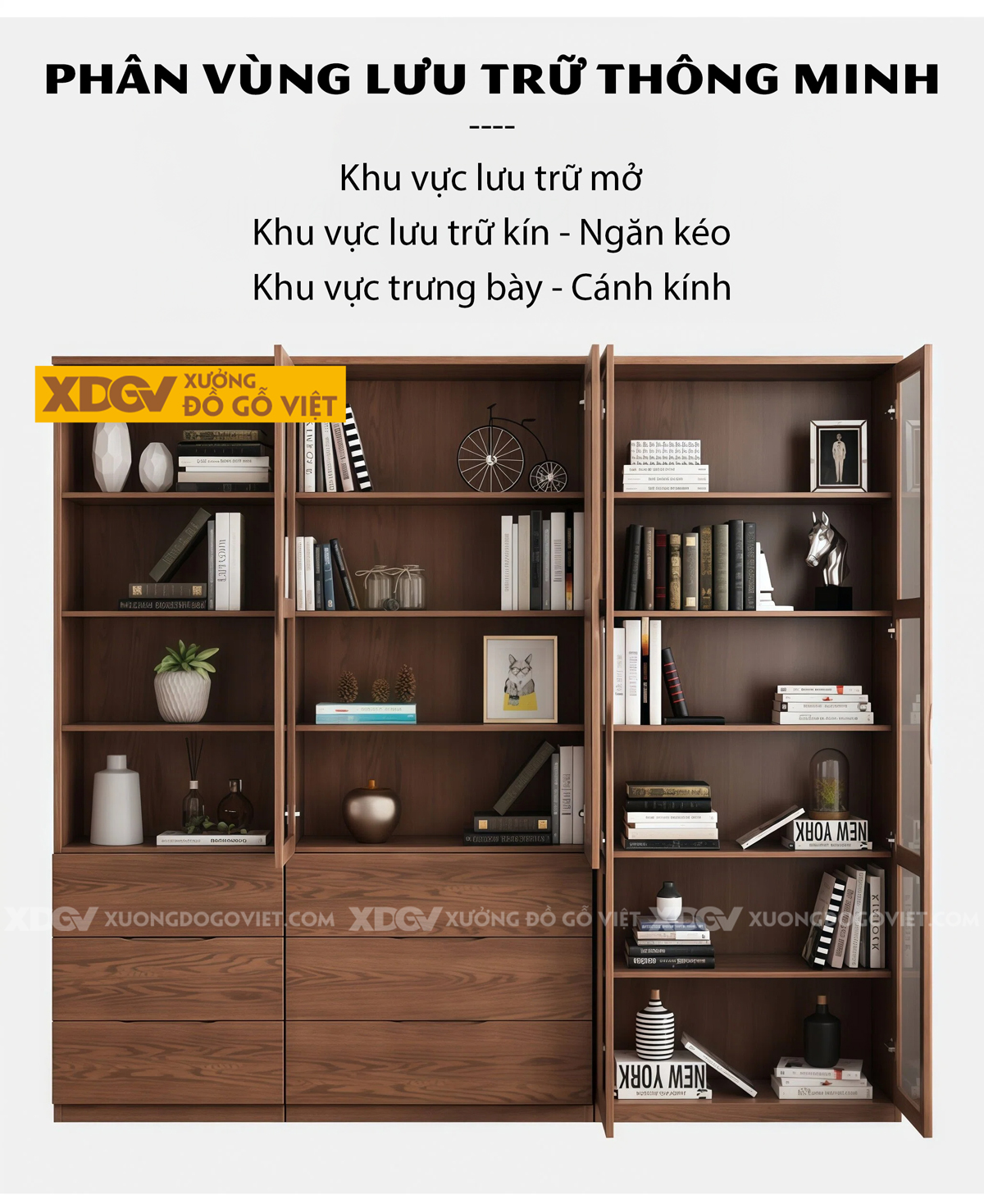 Mẫu Tủ Sách Văn Phòng Gỗ Veneer Sồi Phối Cánh Kính Kèm Kệ Mở