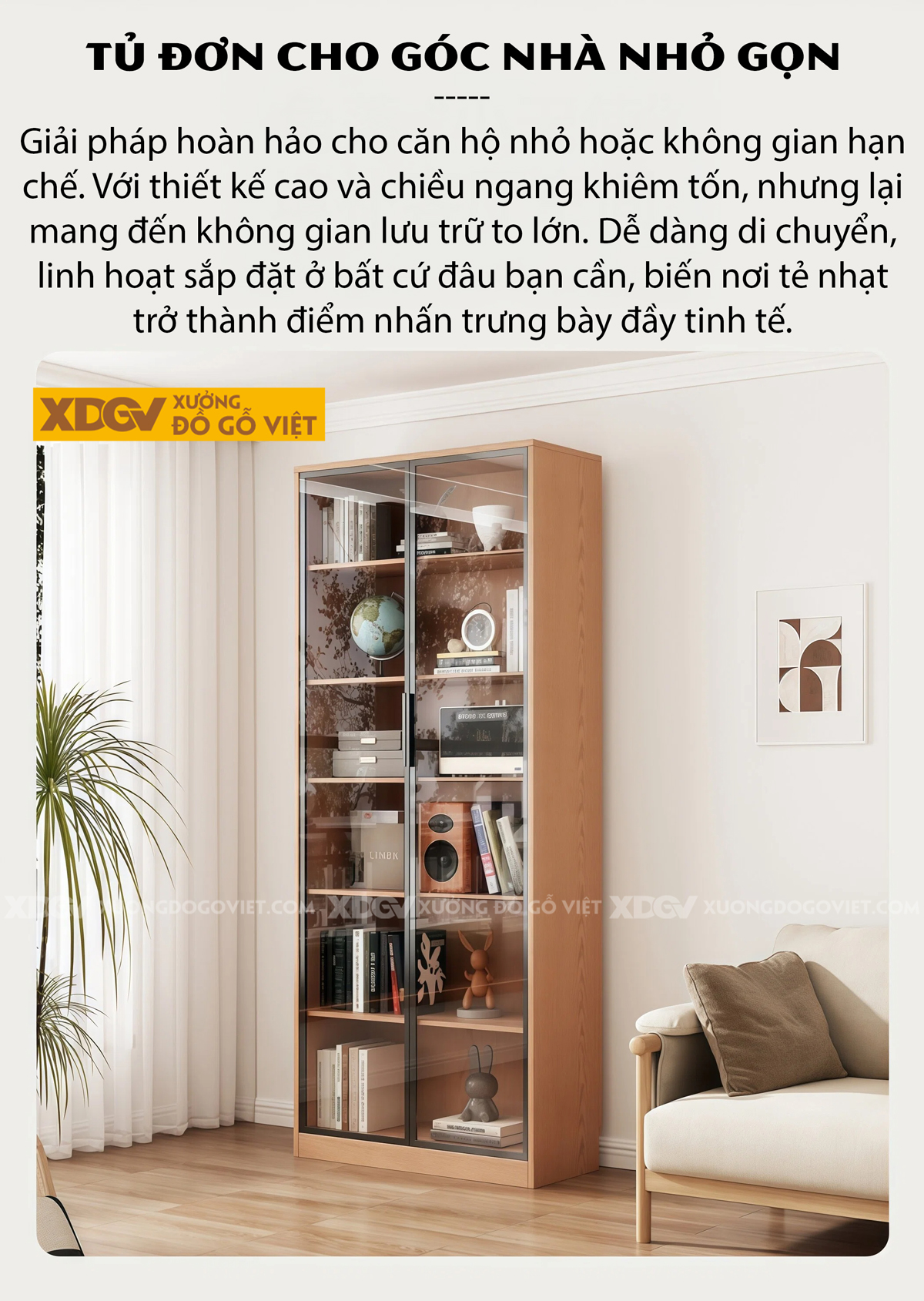 Mẫu Tủ Sách Venner Sồi Thiết Kế Chân Kịch Sàn Kèm Cánh Kính