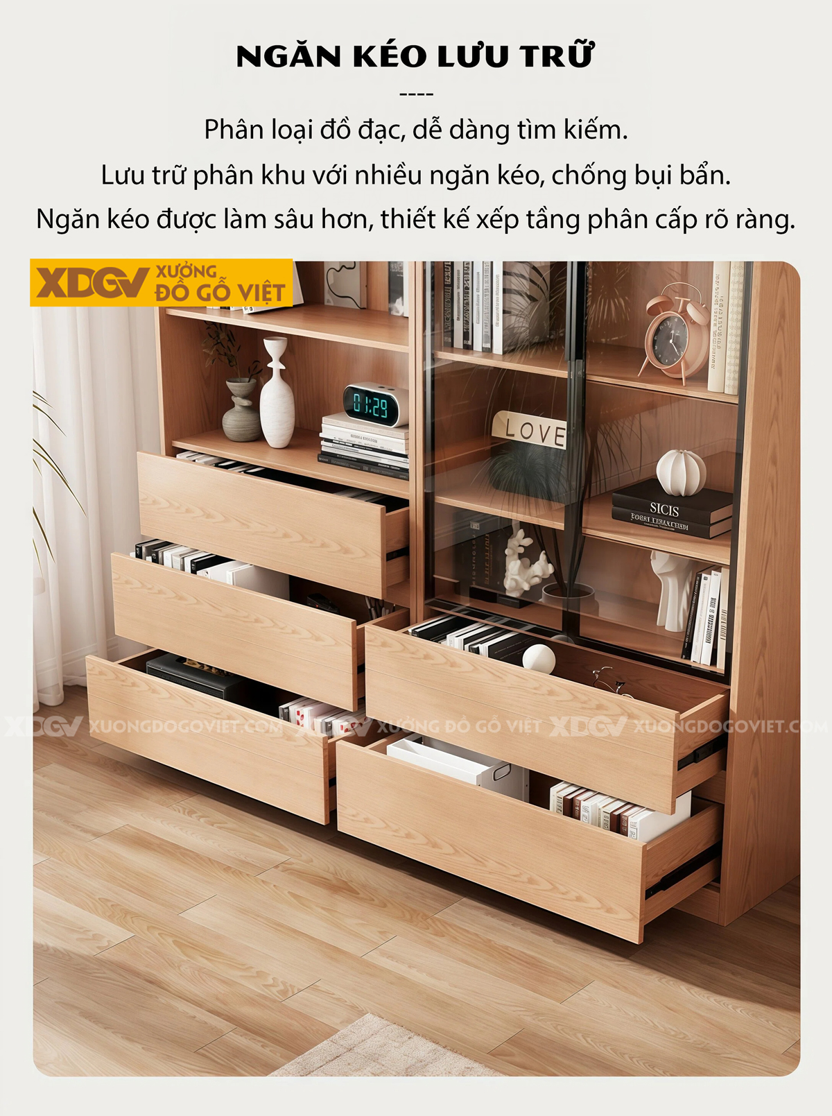 Mẫu Tủ Sách Venner Sồi Thiết Kế Chân Kịch Sàn Kèm Cánh Kính