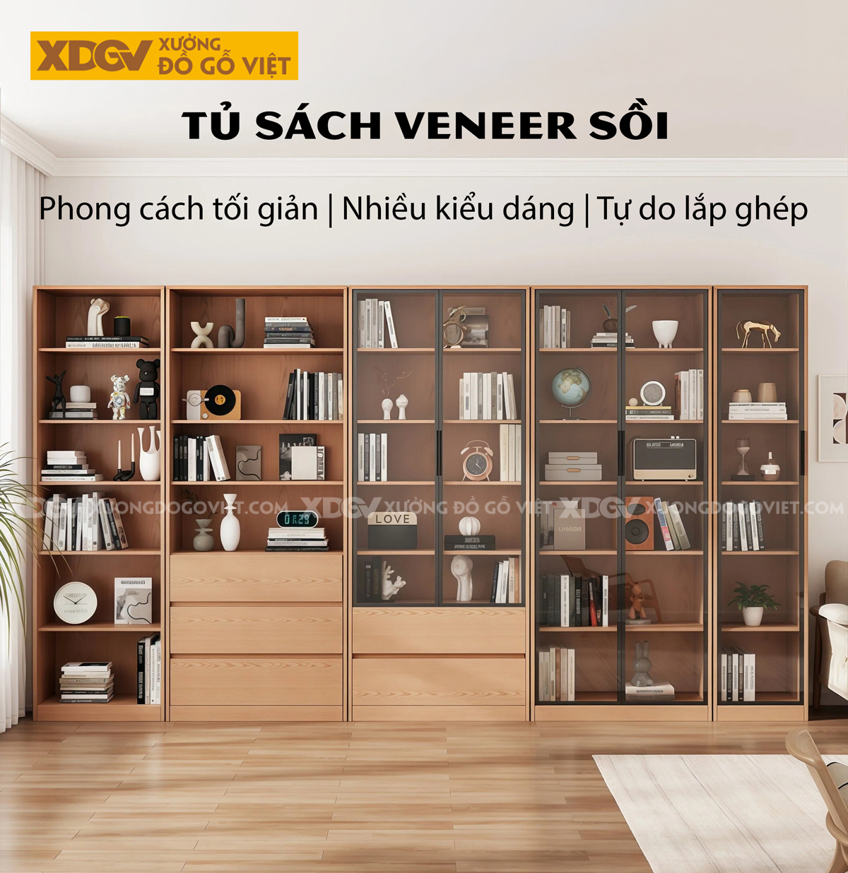 Mẫu Tủ Sách Venner Sồi Thiết Kế Chân Kịch Sàn Kèm Cánh Kính