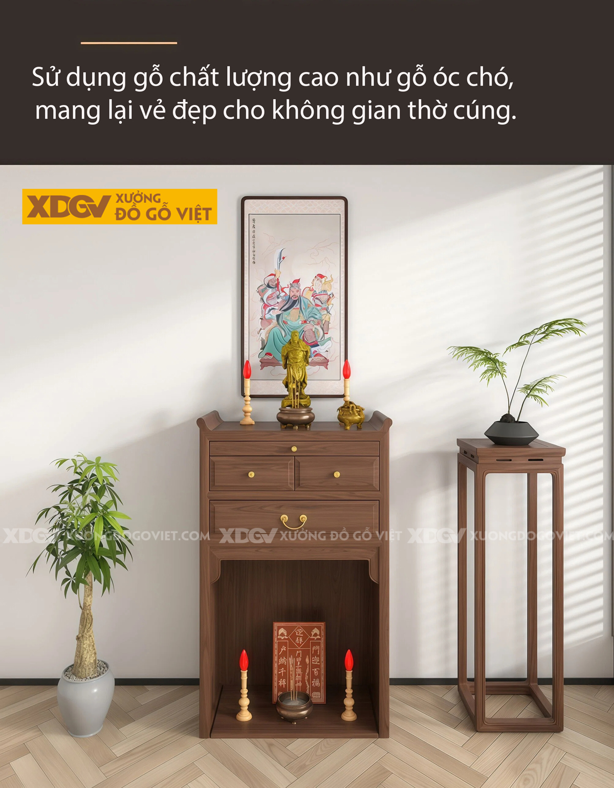 Mẫu Tủ Thờ 2 Tầng Gỗ Óc Chó Thiết Kế Chân Cuộn Kèm Cánh Nan