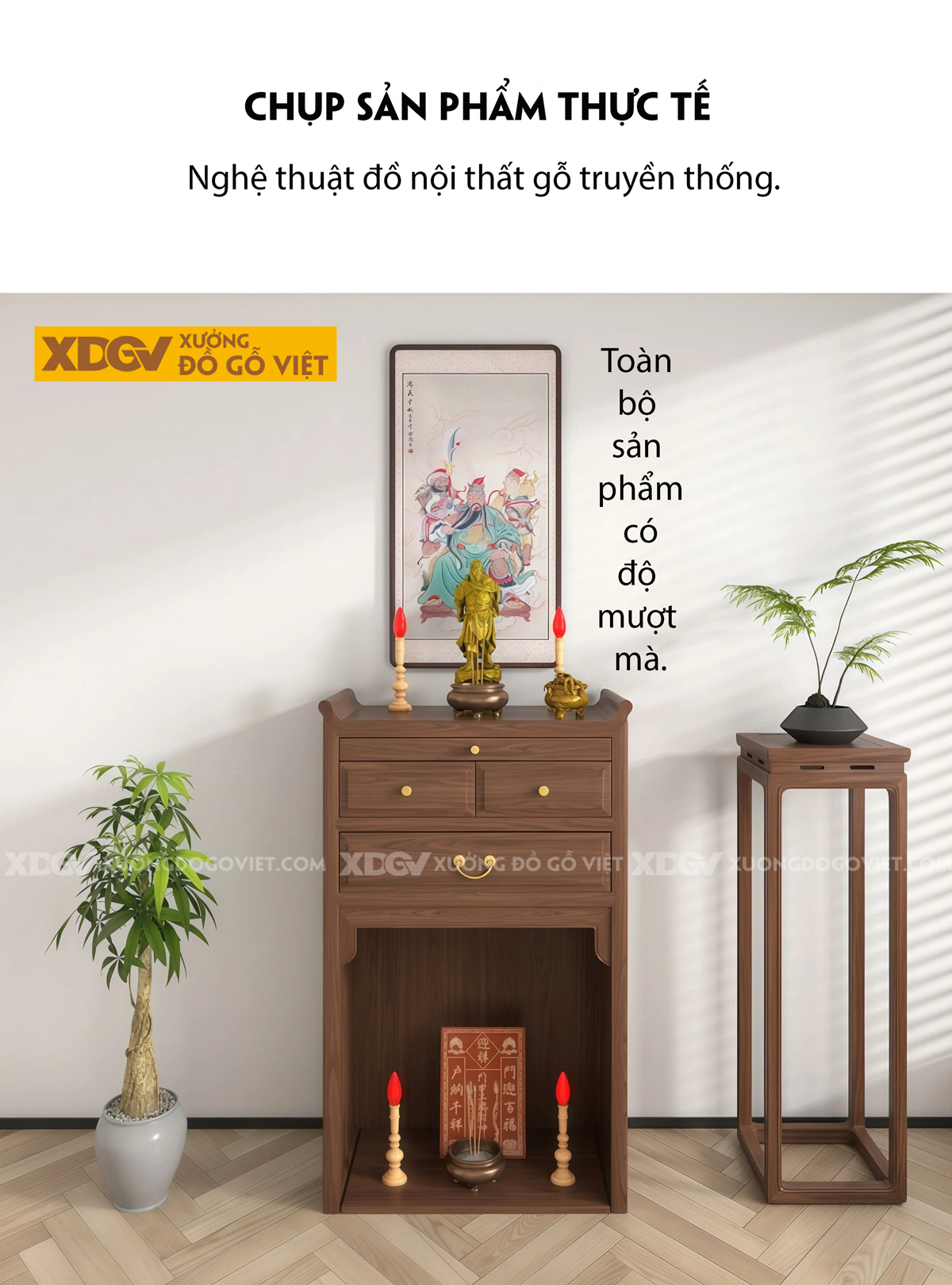 Mẫu Tủ Thờ 2 Tầng Gỗ Óc Chó Thiết Kế Chân Cuộn Kèm Cánh Nan