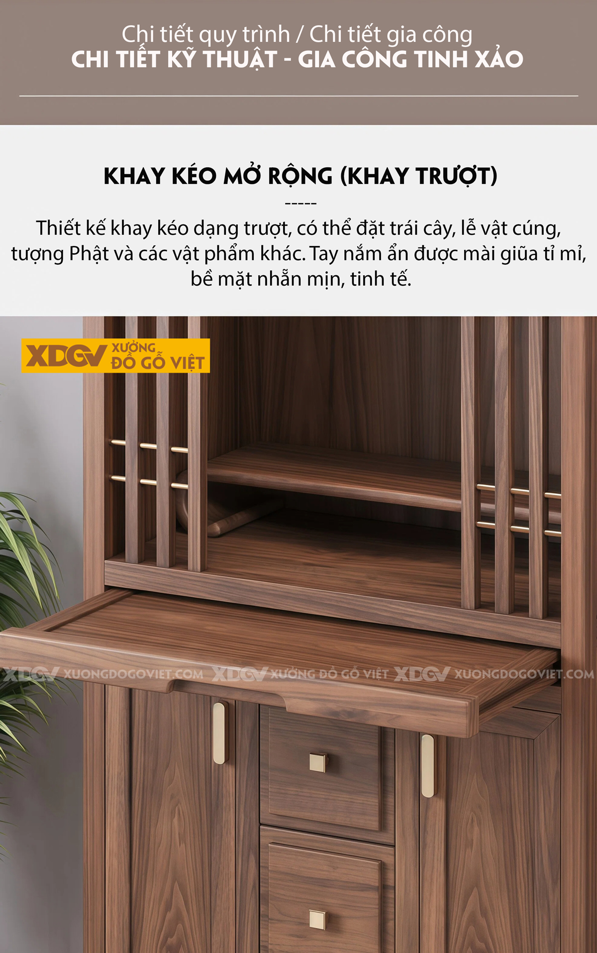 Mẫu Tủ Thờ Dáng Cao Gỗ Óc Chó Kèm Dãy Ngăn Kéo Dọc Trung Tâm