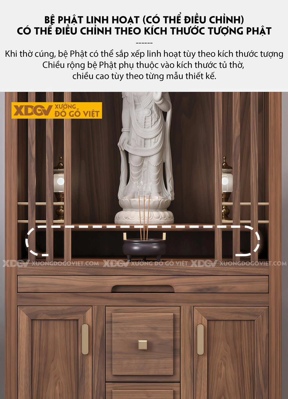 Mẫu Tủ Thờ Dáng Cao Gỗ Óc Chó Kèm Dãy Ngăn Kéo Dọc Trung Tâm