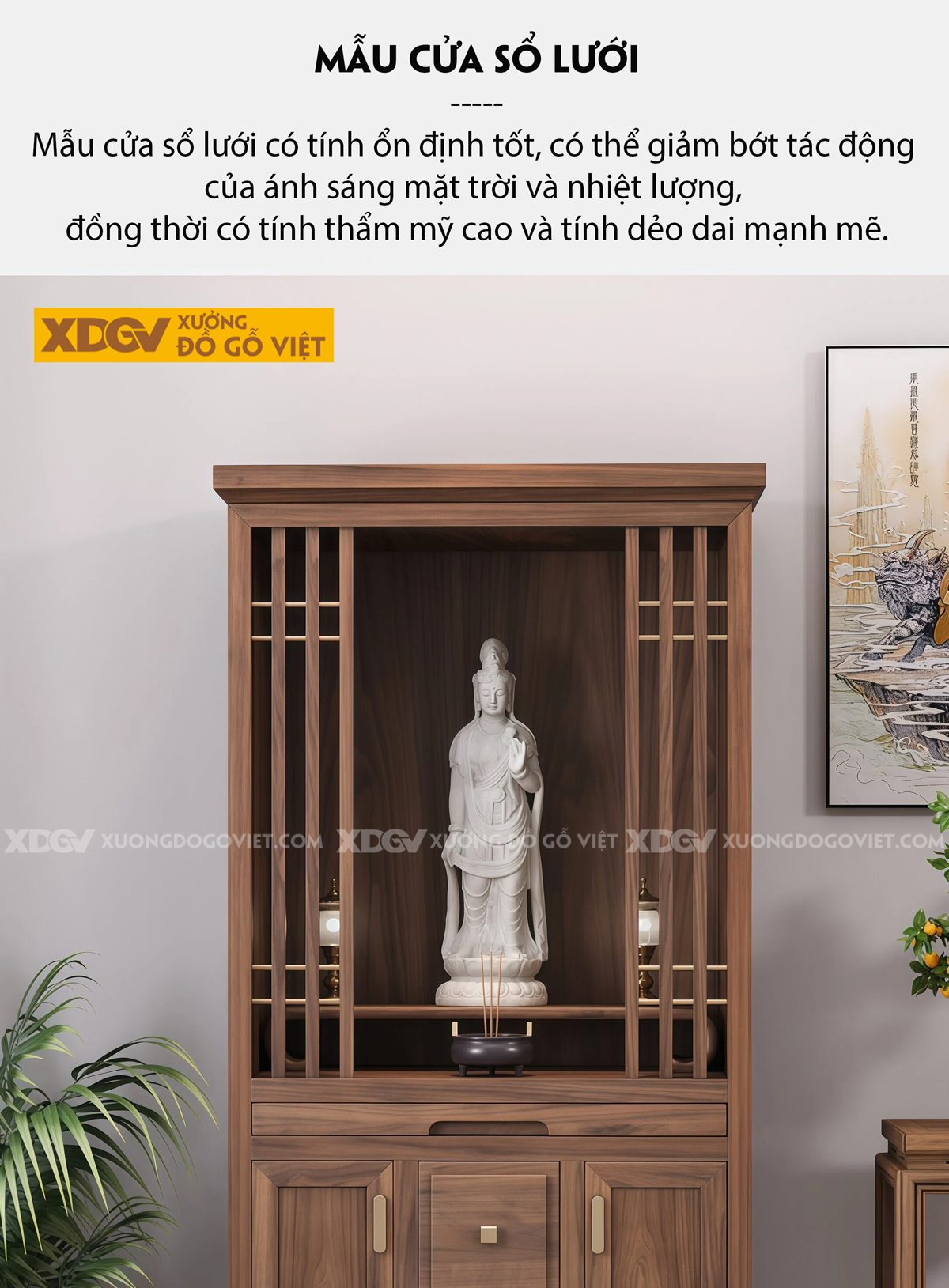 Mẫu Tủ Thờ Dáng Cao Gỗ Óc Chó Kèm Dãy Ngăn Kéo Dọc Trung Tâm