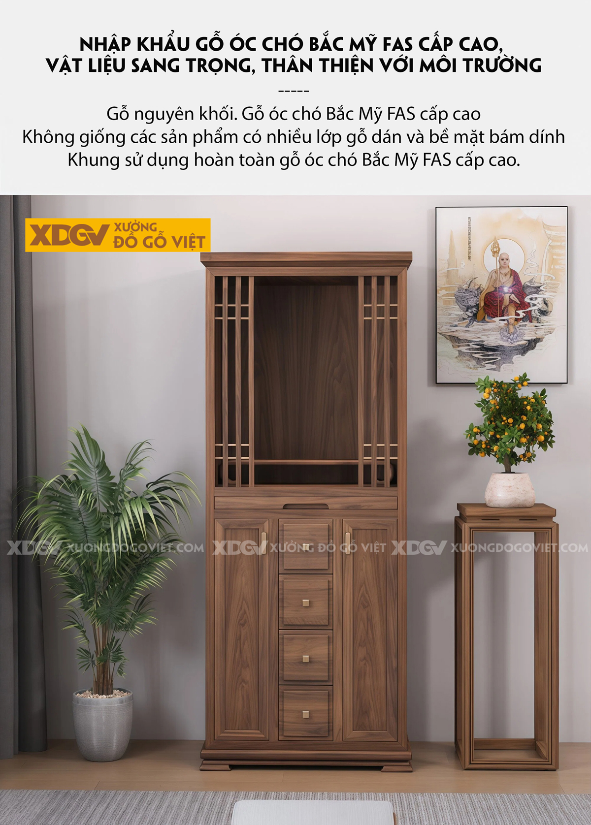 Mẫu Tủ Thờ Dáng Cao Gỗ Óc Chó Kèm Dãy Ngăn Kéo Dọc Trung Tâm