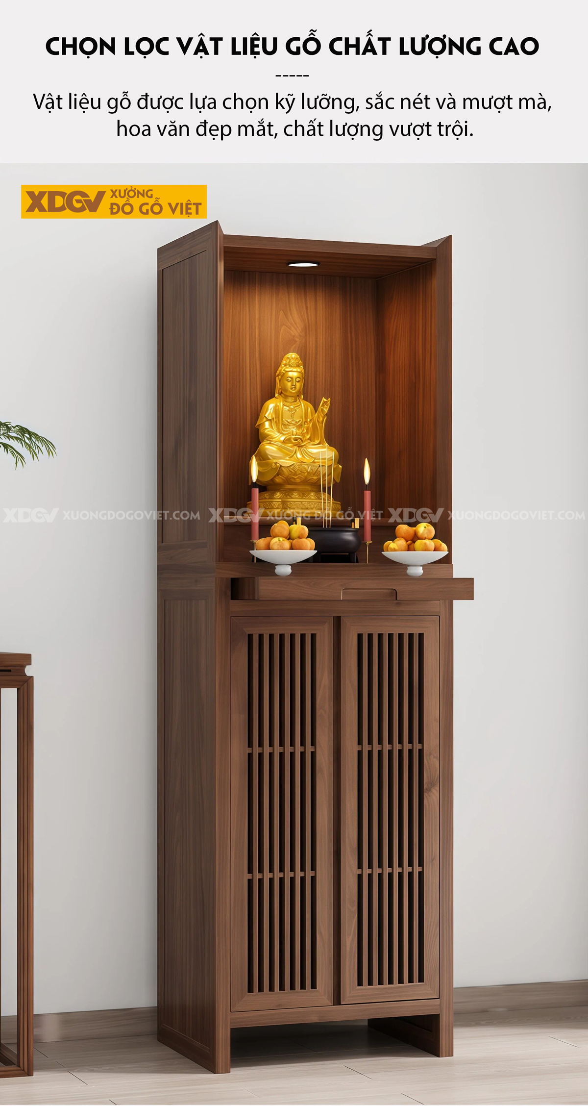 Mẫu Tủ Thờ Dáng Cao Gỗ Óc Chó Kèm Dãy Ngăn Kéo Dọc Trung Tâm