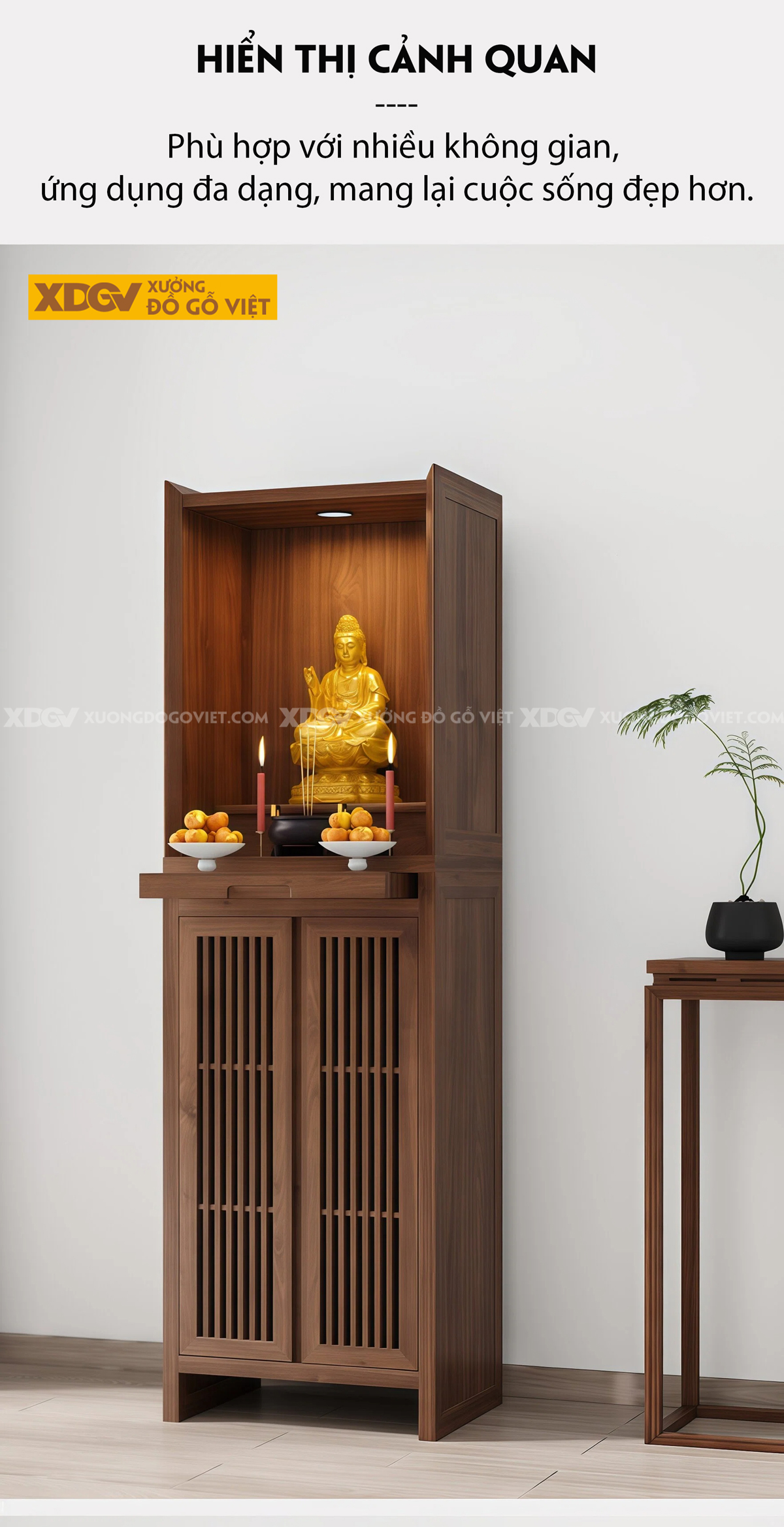 Mẫu Tủ Thờ Dáng Cao Gỗ Óc Chó Kèm Dãy Ngăn Kéo Dọc Trung Tâm