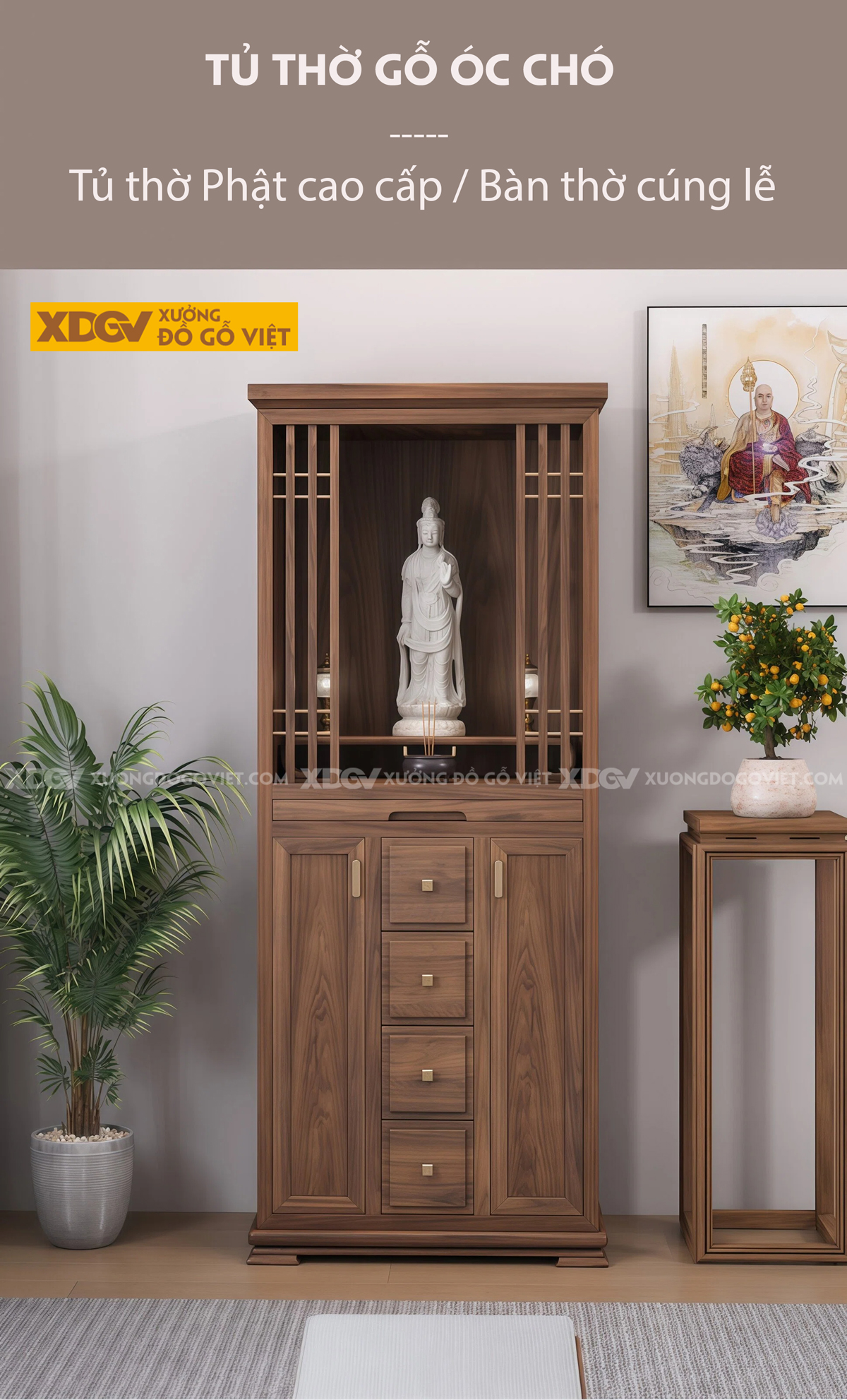 Mẫu Tủ Thờ Dáng Cao Gỗ Óc Chó Kèm Dãy Ngăn Kéo Dọc Trung Tâm