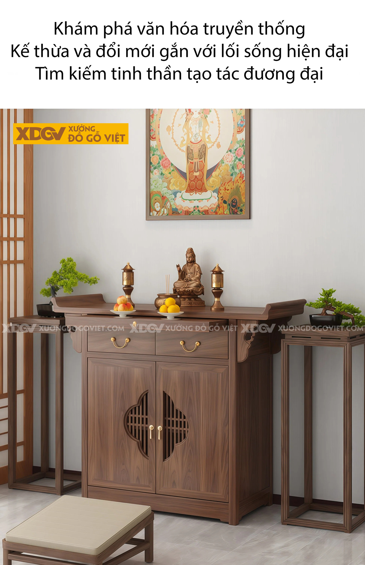 Mẫu Tủ Thờ Gia Tiên Gỗ Óc Chó Kèm Ngăn Kéo Và Tai Cong 2 Bên