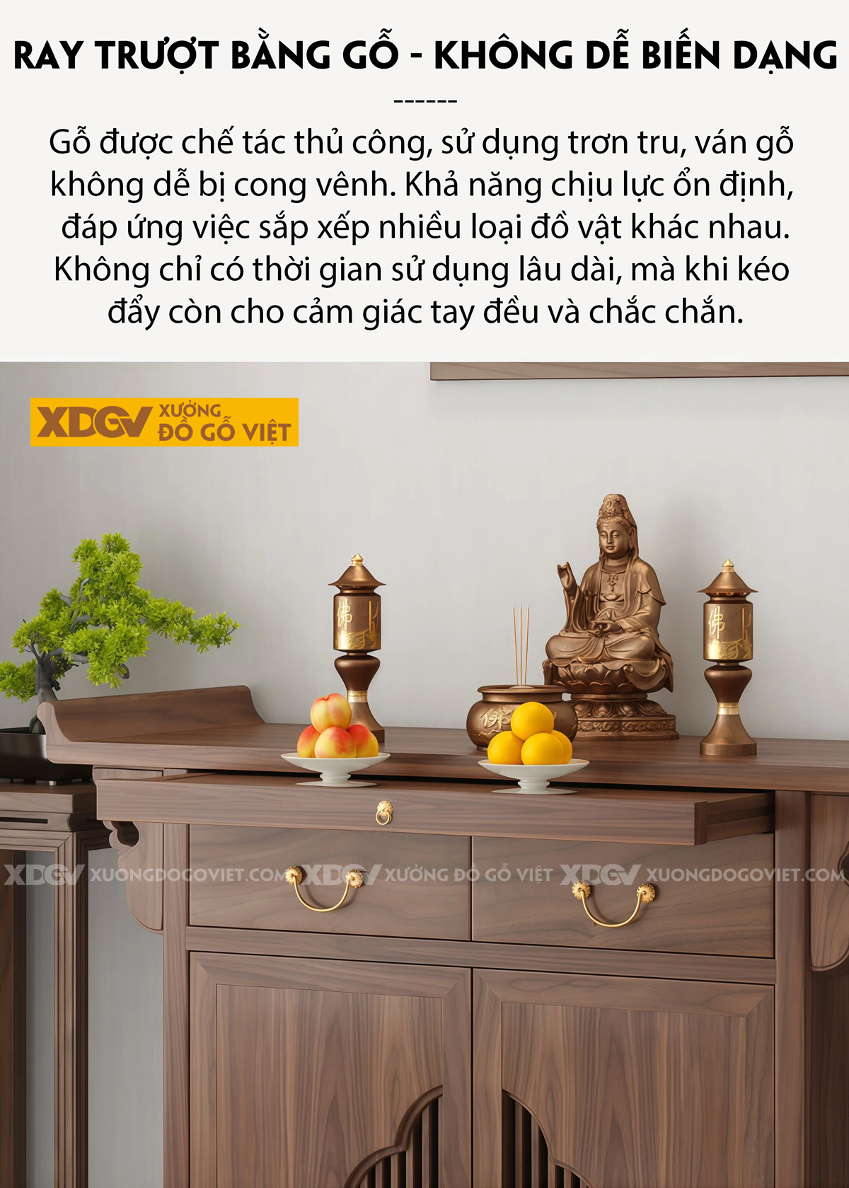 Mẫu Tủ Thờ Gia Tiên Gỗ Óc Chó Kèm Ngăn Kéo Và Tai Cong 2 Bên