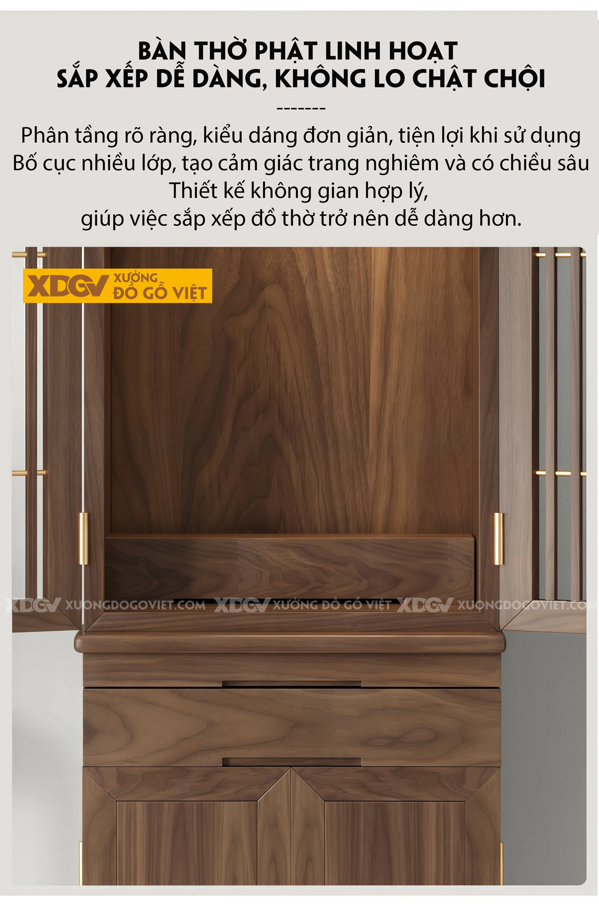 Mẫu Tủ Thờ Gỗ Óc Chó Chân Bệt 2 Cánh Phối Nan Thoáng Khí