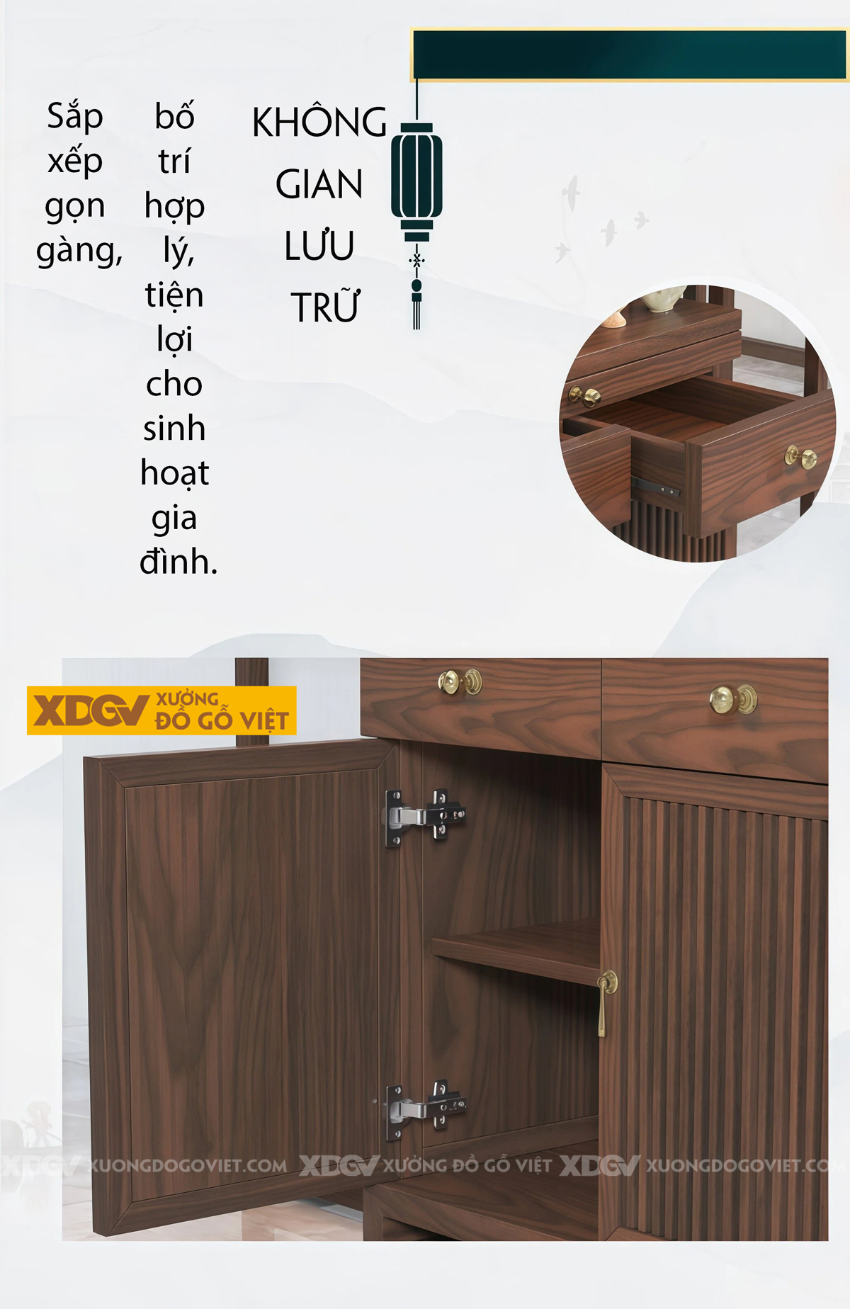 Mẫu Tủ Thờ Gỗ Óc Chó Kèm Ngăn Kéo Và Tai Cong Chạm Nhẹ 2 Bên