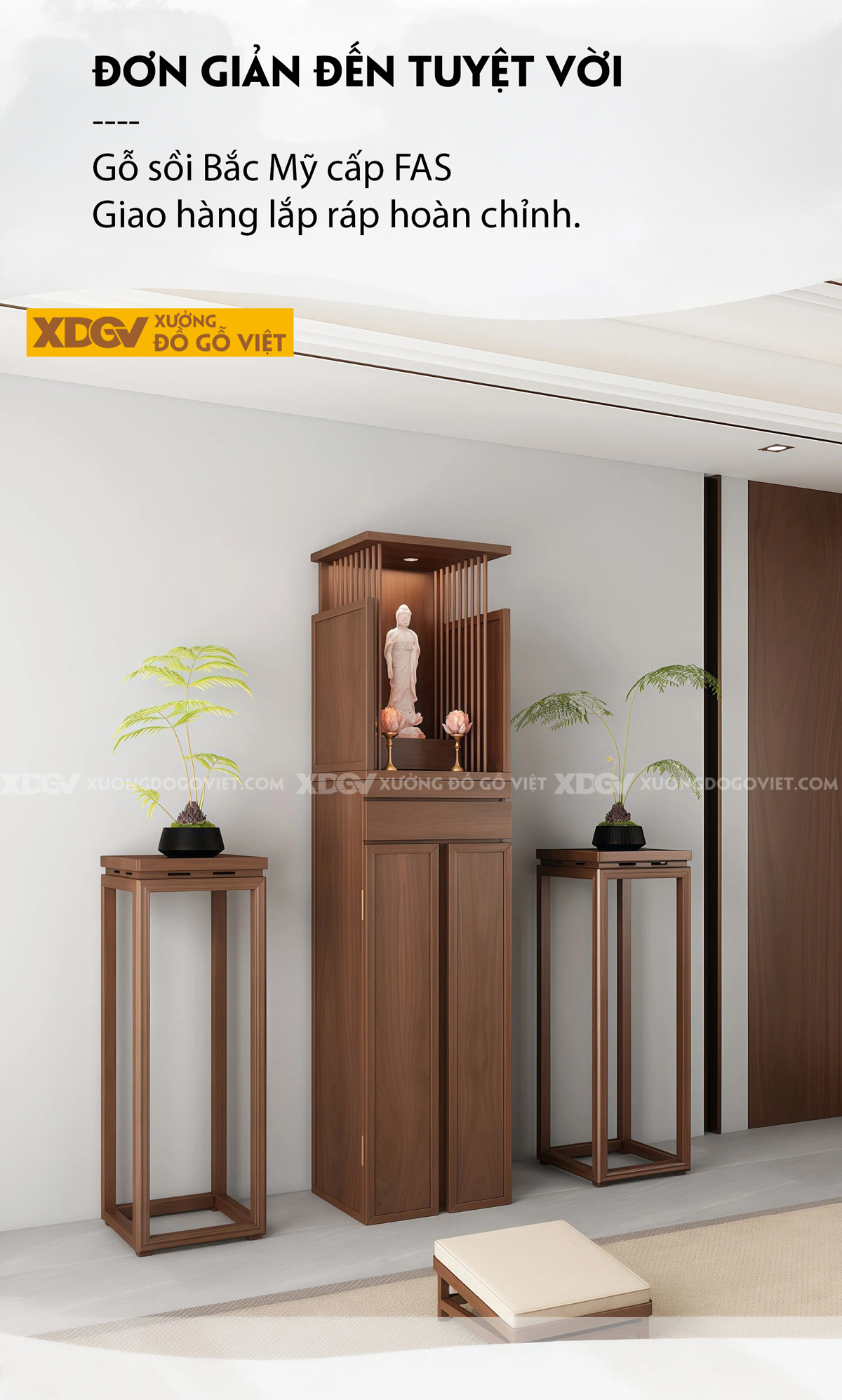 Mẫu Tủ Thờ Gỗ Sồi Cánh Nan Chân Cuộn Phối Mâm Kéo Di Động