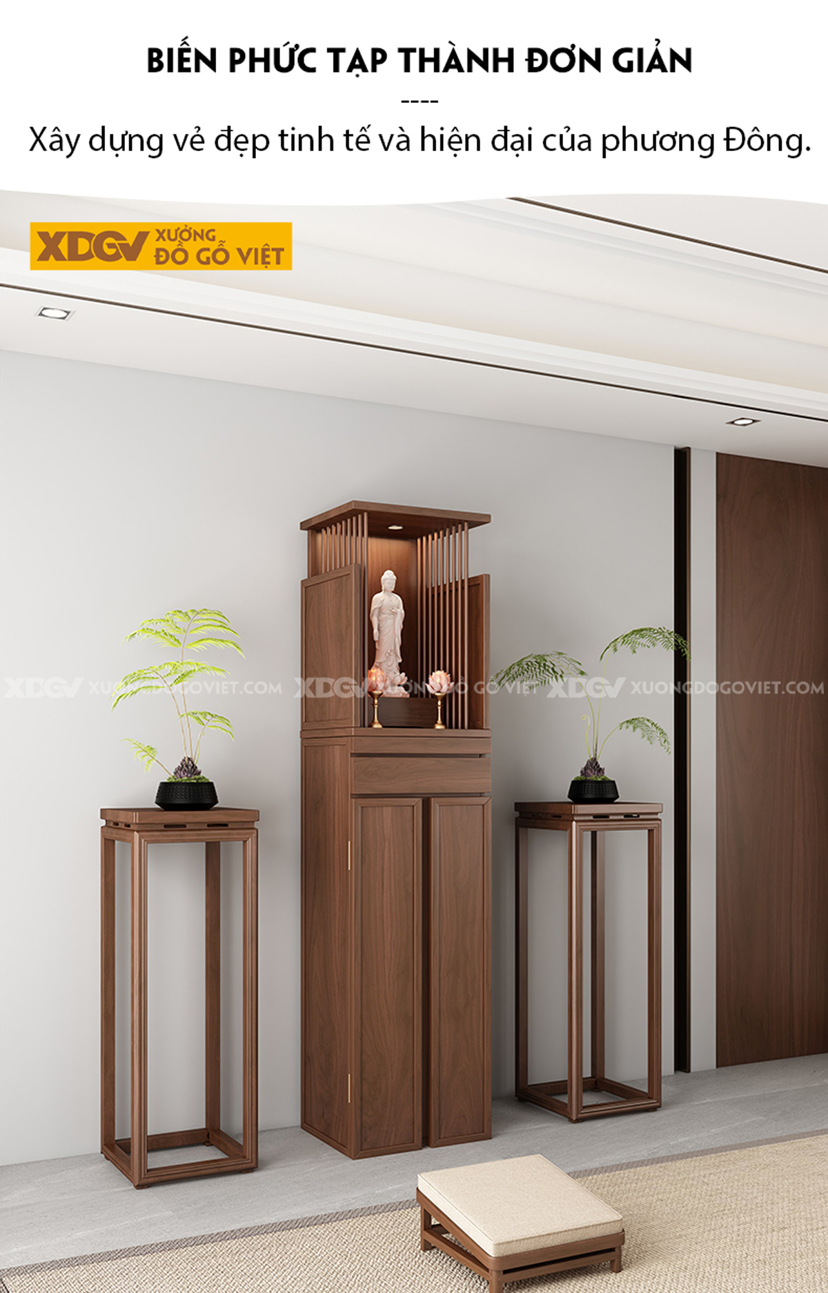 Mẫu Tủ Thờ Gỗ Sồi Cánh Nan Chân Cuộn Phối Mâm Kéo Di Động