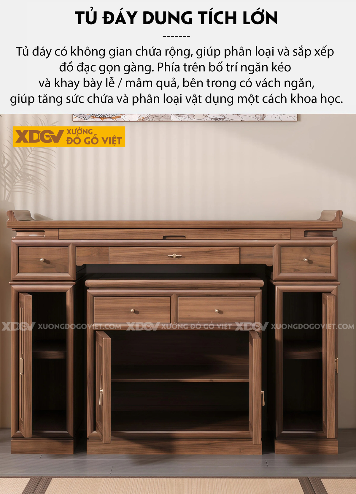 Mẫu Tủ Thờ Phật Gỗ Óc Chó Chân Bệt Kèm 2 Cánh Nan Thoáng Khí