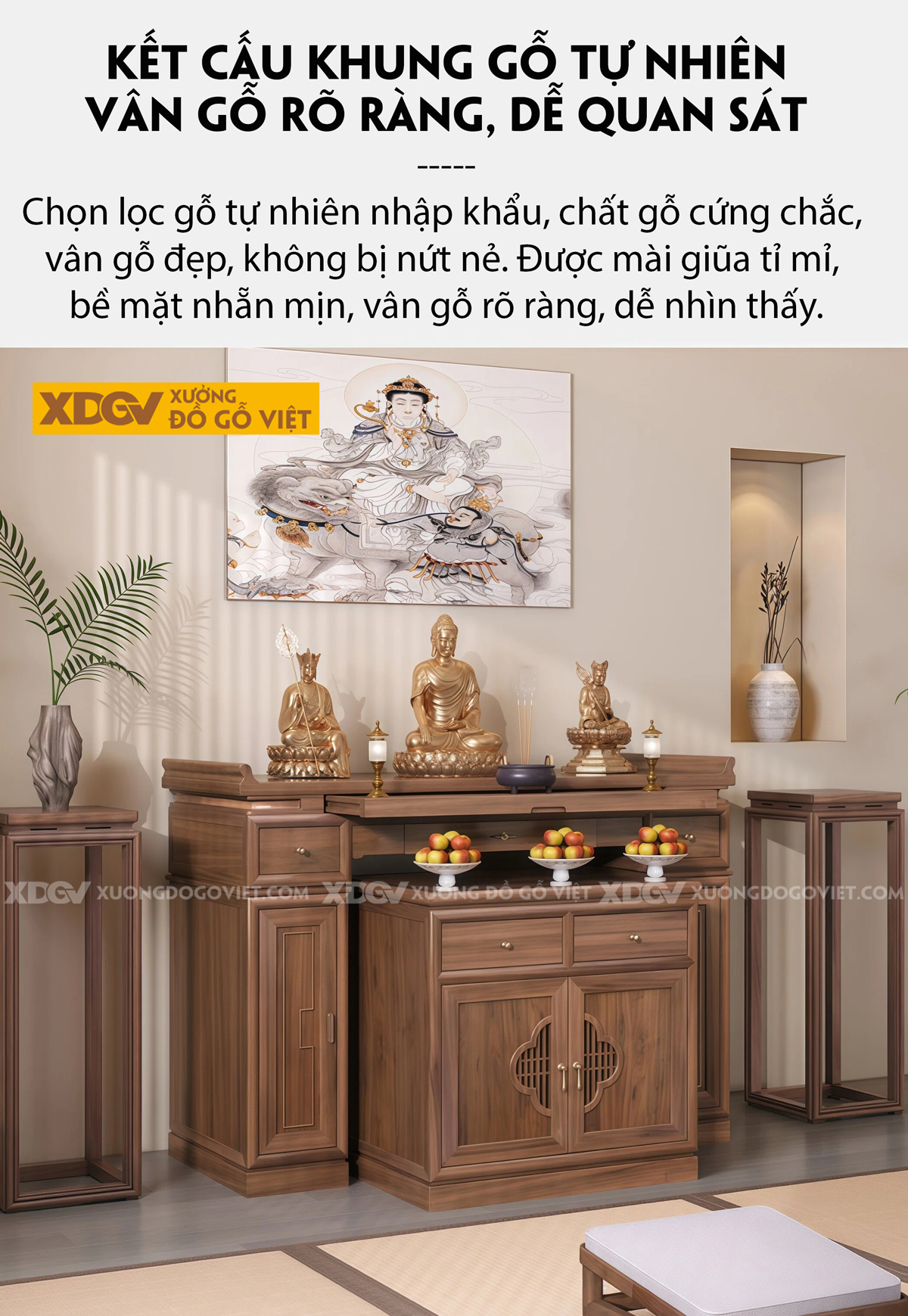 Mẫu Tủ Thờ Phật Gỗ Óc Chó Chân Bệt Kèm 2 Cánh Nan Thoáng Khí
