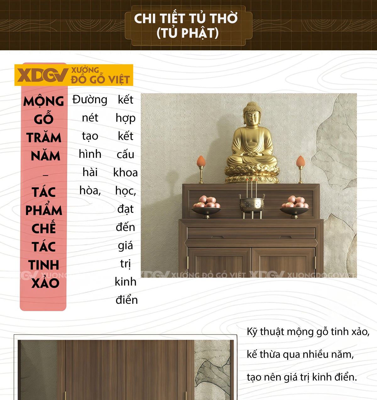 Mẫu Tủ Thờ Tôn Nghiêm Gỗ Óc Chó Chân Cuộn Thiết Kế 2 Tầng