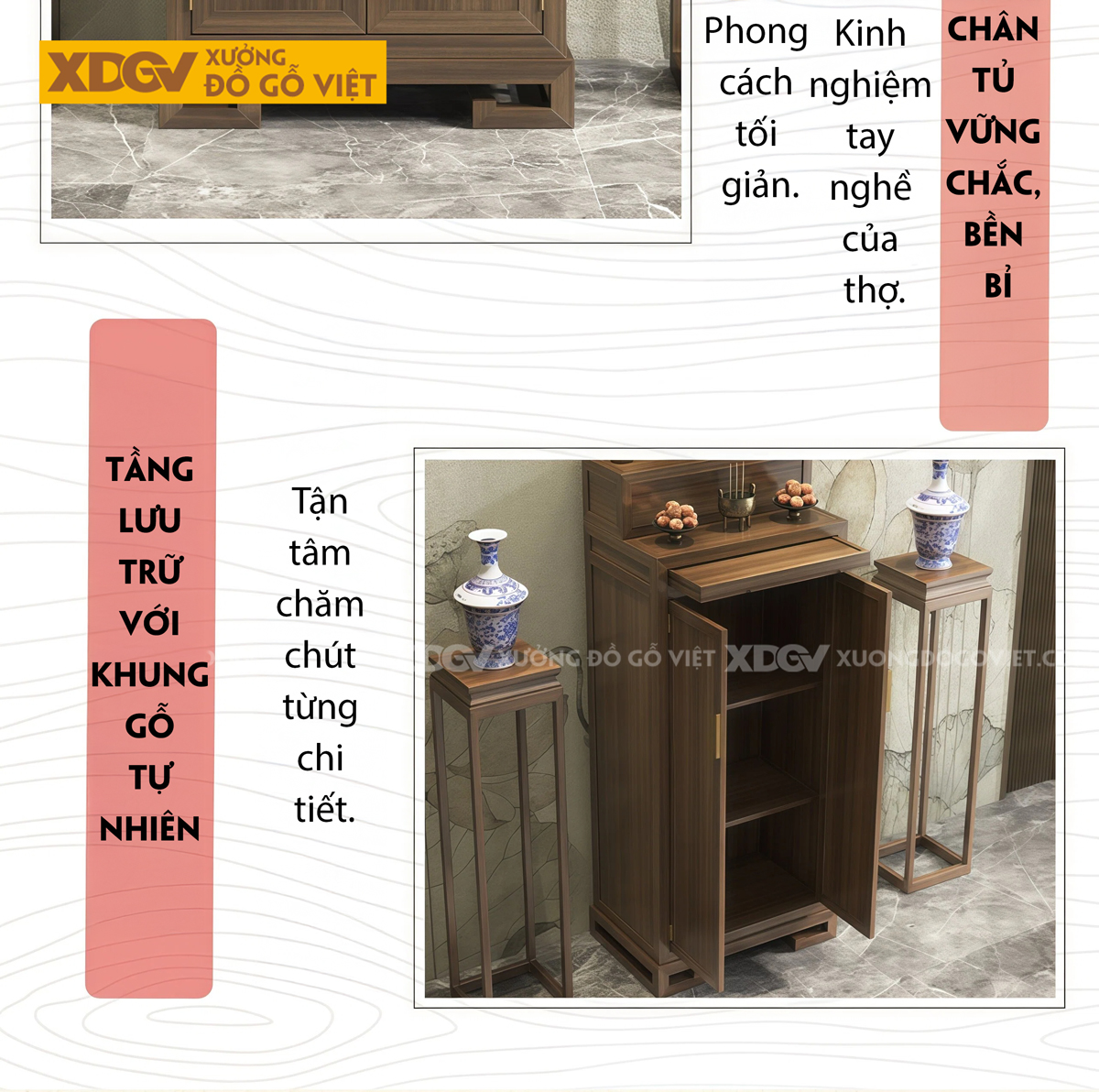 Mẫu Tủ Thờ Tôn Nghiêm Gỗ Óc Chó Chân Cuộn Thiết Kế 2 Tầng