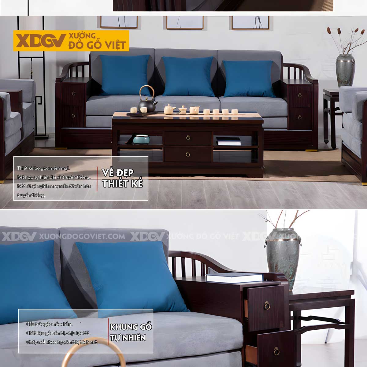 Sofa 2 Văng Gỗ Sồi Tân Cổ Điển Lưng Tựa Thanh Nan Uốn Cong