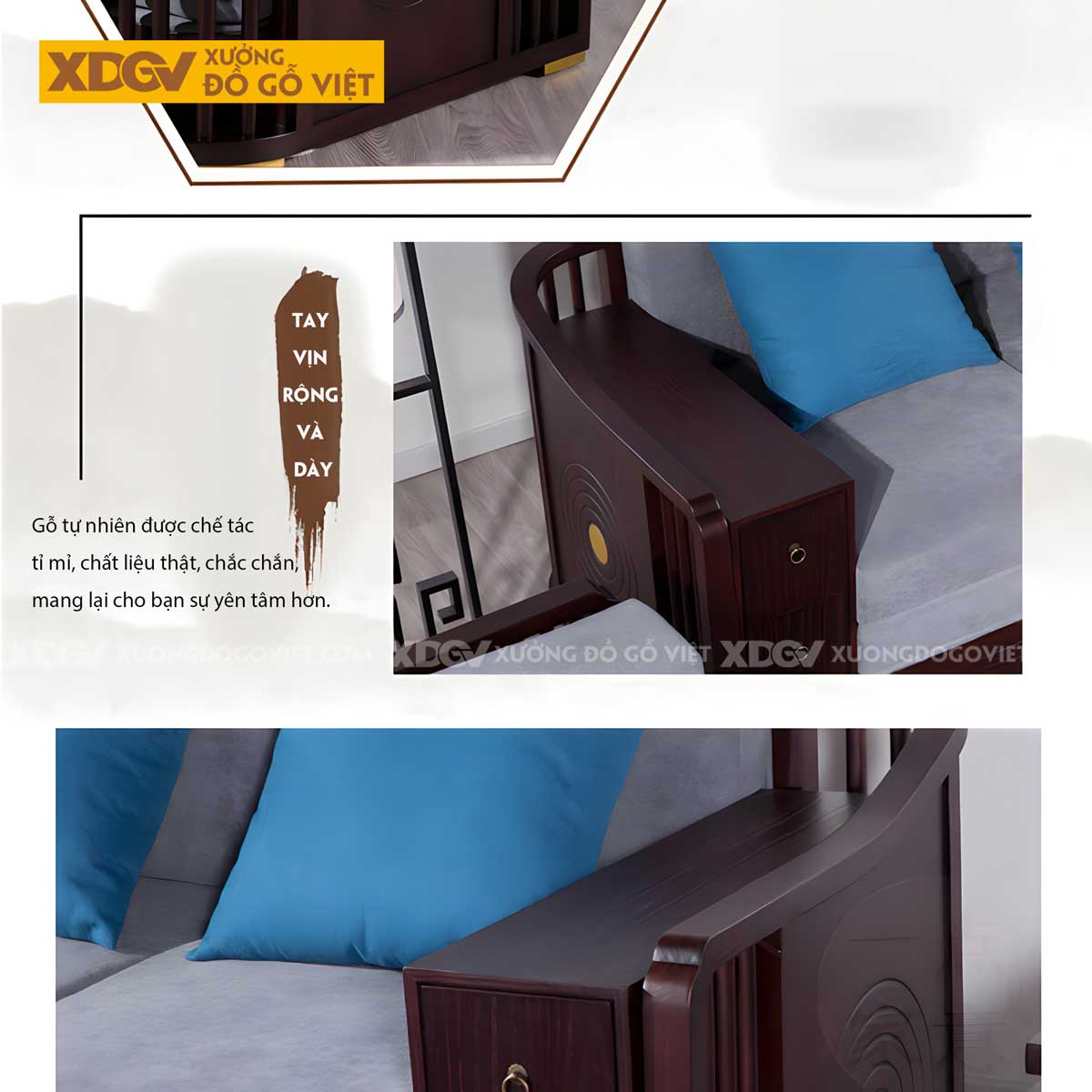 Sofa 2 Văng Gỗ Sồi Tân Cổ Điển Lưng Tựa Thanh Nan Uốn Cong