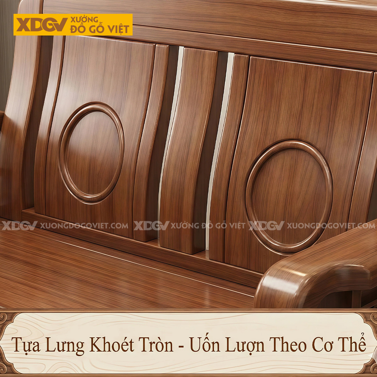 Sofa Gỗ Gõ Đỏ Lưng Cong Chạm Vòng Tròn Zen Hiện Đại