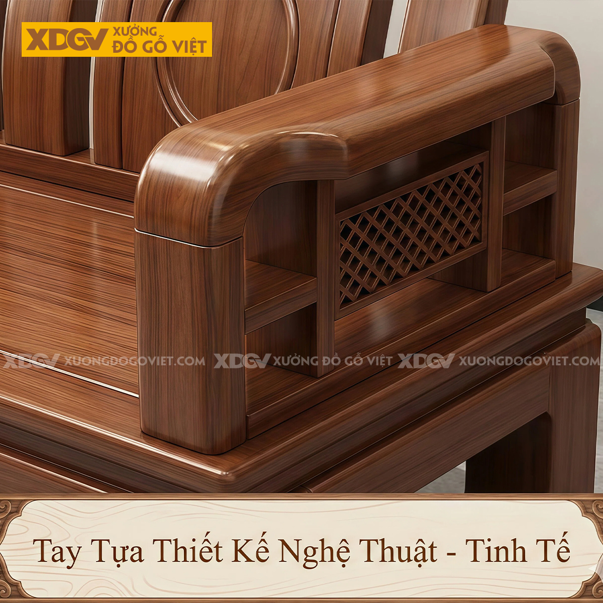 Sofa Gỗ Gõ Đỏ Lưng Cong Chạm Vòng Tròn Zen Hiện Đại